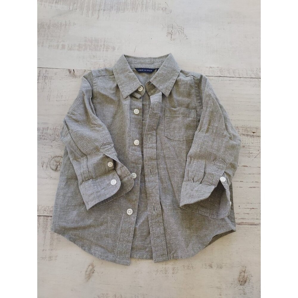 JANIE AND JACK GRAY GREEN BUTTON DOWN Linen SHIRT LS 12 TO 18 MONTH
